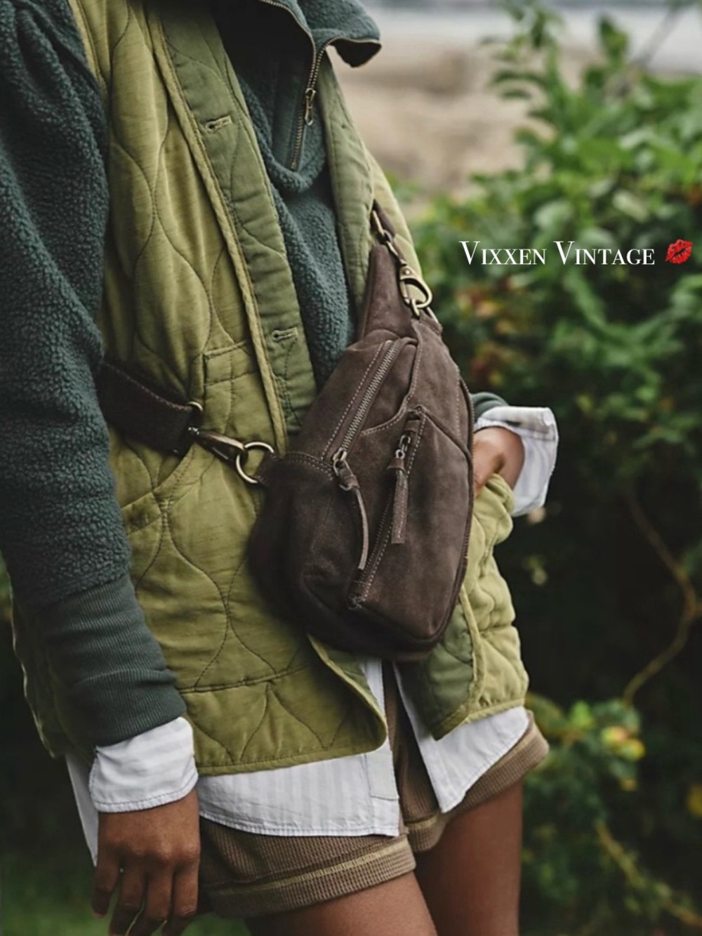 FREE PEOPLE VINTAGE SUEDE 'HUDSON SLING BAG' IN CHOCOLATE